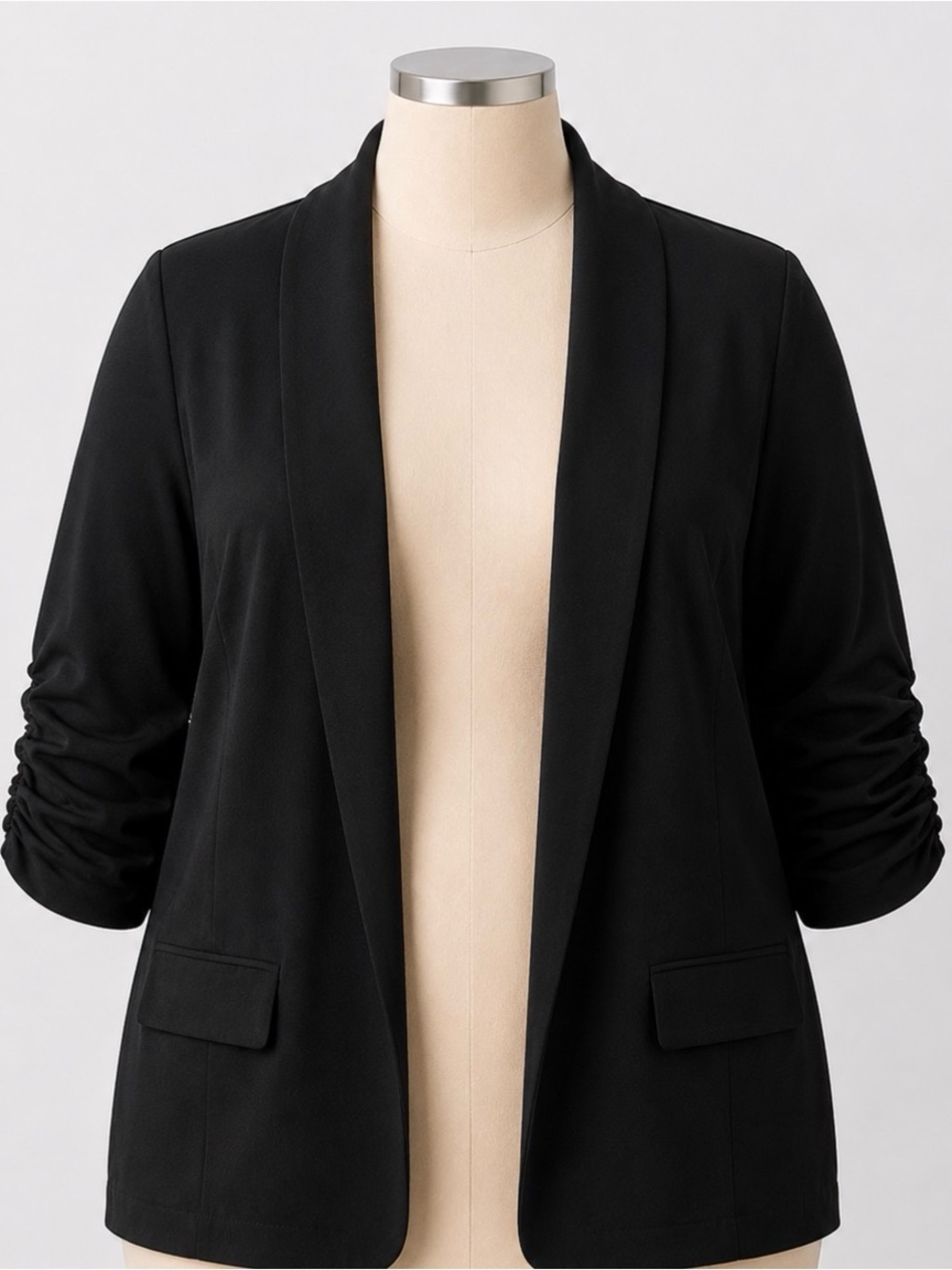 SHEIN Black Open-Front Ruched-Sleeve Blazer